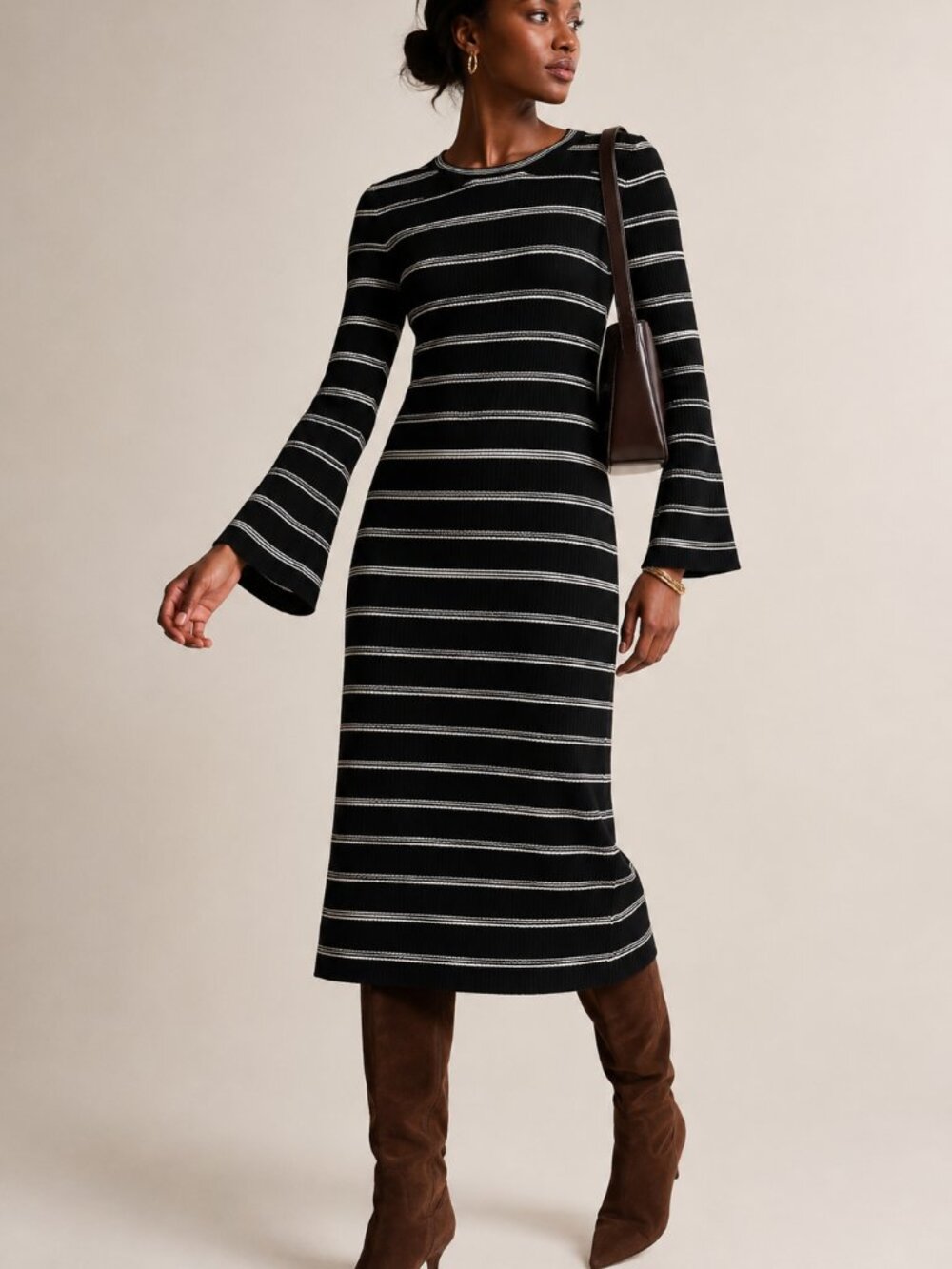 J.Crew Black Ivory Striped Ribbed Knit Midi Sweater Dress Bell Sleeve NWT XS